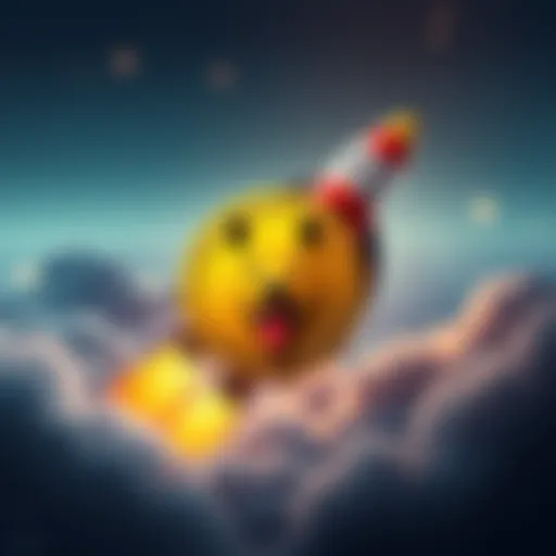 Doge coin symbol with a rocket taking off behind it, representing a surge in cryptocurrency value.