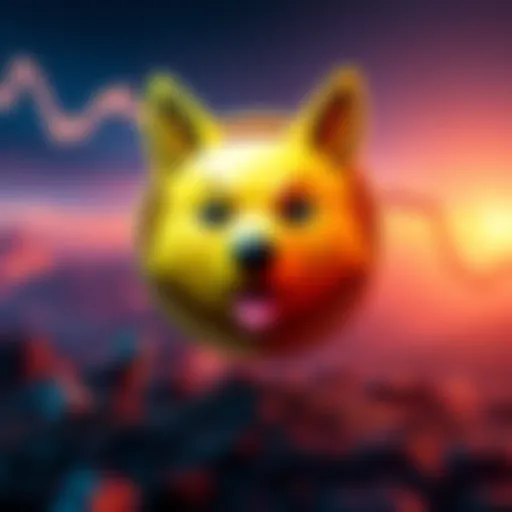 A visual representation of Doge Coin with a dog character, highlighting its cryptocurrency symbol and a downward trend line in the background.