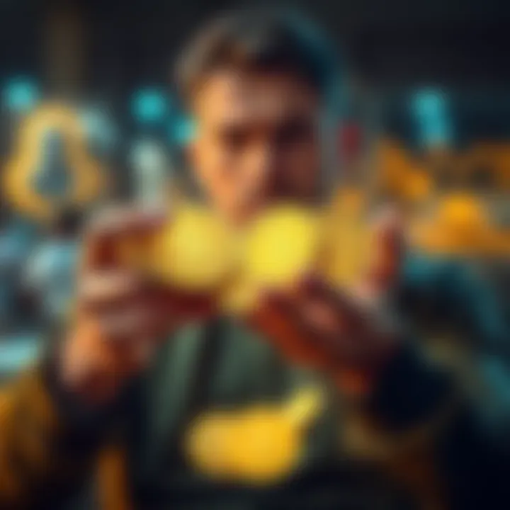 A person holding doge coins while looking stressed over credit card debt