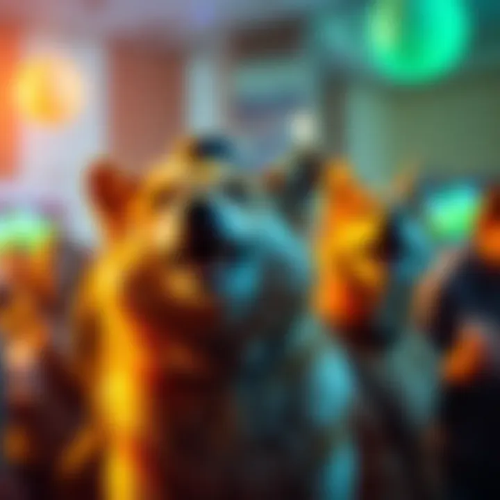 A group of enthusiastic DOGE holders sharing laughs and positivity at a community gathering, showcasing their support for the cryptocurrency.