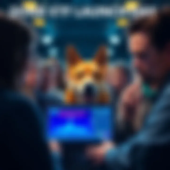 A crowd gathered around a digital screen showing the Doge ETF launch, with excited expressions and a mix of concern on their faces.