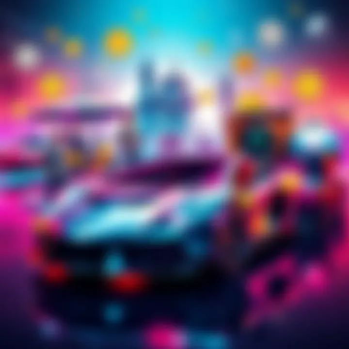 A vibrant collage of luxury items and experiences that DOGE enthusiasts might consider buying, featuring a sports car, exotic vacation destinations, and high-end gadgets, all set against a backdrop of cryptocurrency symbols.