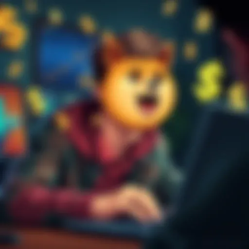 A young man with hopeful expression looking at a rising Dogecoin chart on his laptop, surrounded by financial symbols and dollar signs.