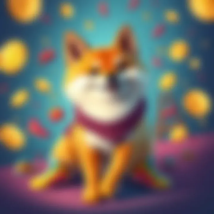 A cheerful Shiba Inu dog wearing colorful new shoes, surrounded by floating cryptocurrency coins and fashion items, representing the blend of meme culture and brand loyalty.