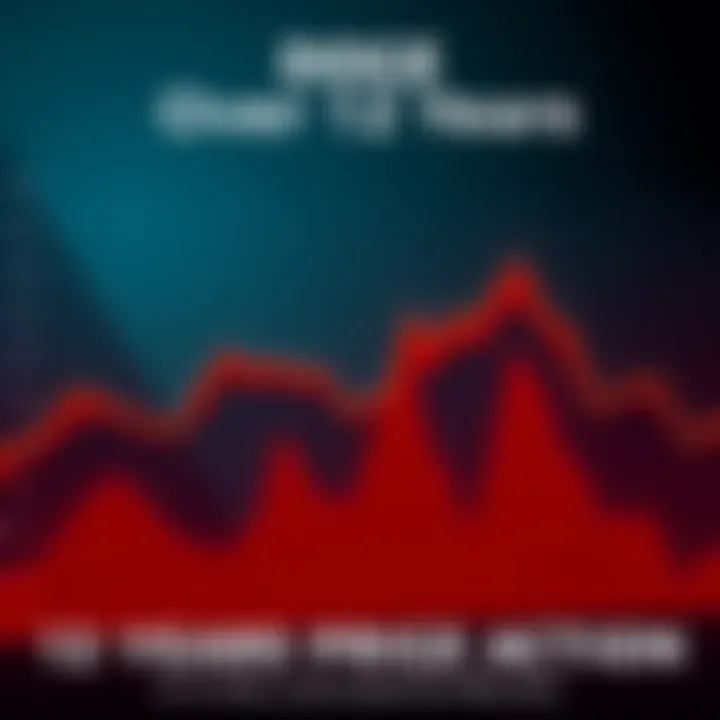 A line graph showing the fluctuations in DOGE price over 12 years with marked peaks and valleys, symbolizing market highs and lows