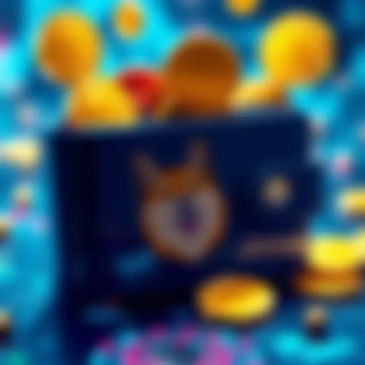 Graphic showing a digital wallet with DOGE coins being tipped to community members, symbolizing support and kindness in a fun cryptocurrency culture