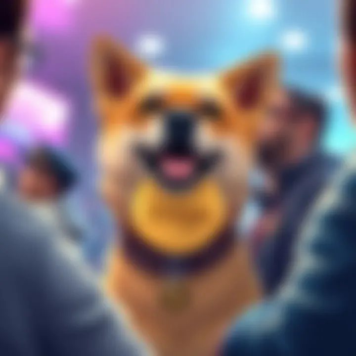 A friendly dog with a coin symbol representing Dogecoin, surrounded by people discussing wallet updates.