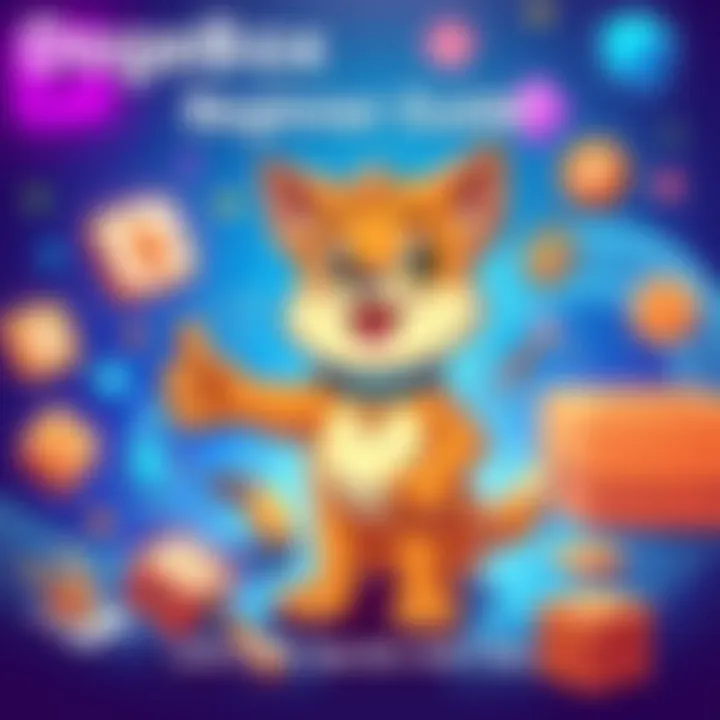 A friendly dog mascot representing DogeBox, surrounded by app icons and tools, symbolizing guidance for beginners.