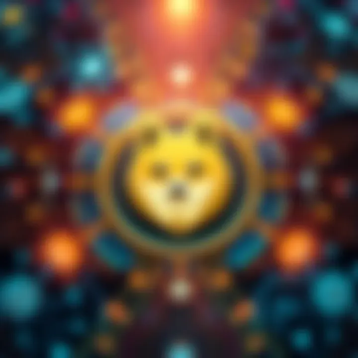 Dogecoin logo with AI elements A digital representation of the Dogecoin logo surrounded by graphics representing artificial intelligence, such as circuit patterns and security shields.