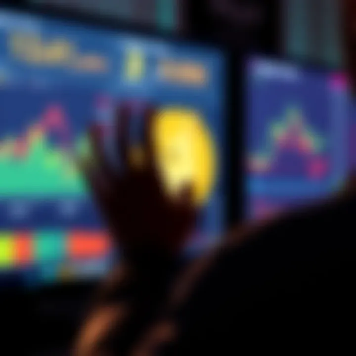 A person looking at a screen displaying Dogecoin graphs, showing concern and contemplation about cryptocurrency investments.