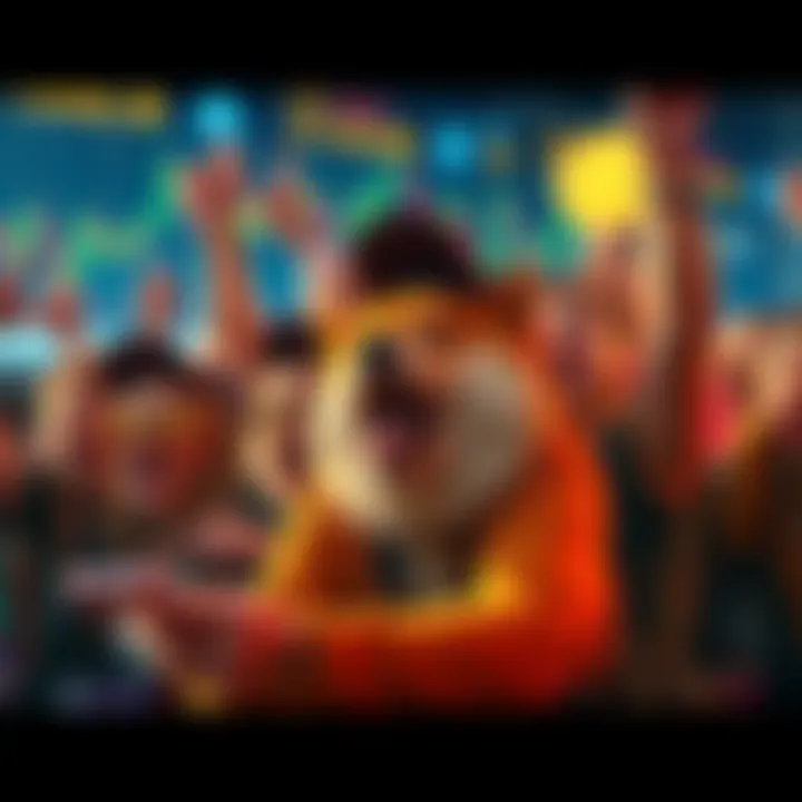 A group of Dogecoin supporters celebrating and looking at market charts with enthusiasm, showcasing their anticipation for a major breakthrough.