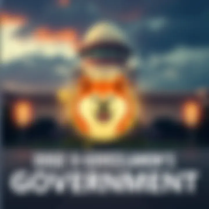 A graphic showing Dogecoin symbol with a government building in the background, indicating the adoption of cryptocurrency by the government