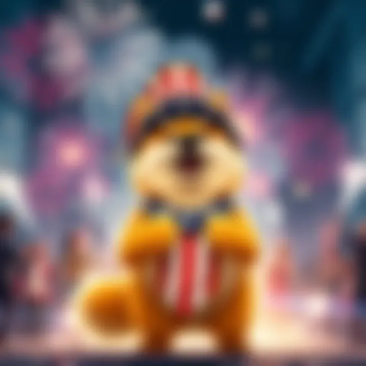 A festive scene with Dogecoin mascot in a red, white, and blue outfit, surrounded by fireworks and happy people celebrating the 4th of July.