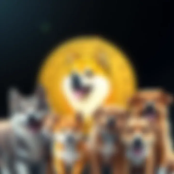 A graphic showing a Dogecoin symbol alongside happy pets, highlighting the connection between cryptocurrency and increased pet adoptions.