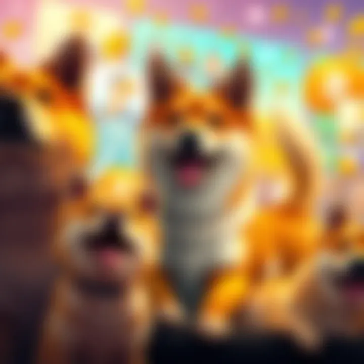A vibrant digital collage representing the Dogecoin community's excitement with dogs and coins