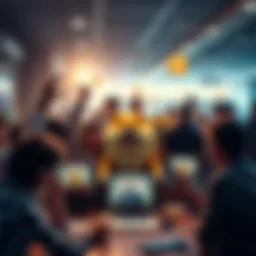A group of people enthusiastically discussing Dogecoin with memes displayed on laptops and phones around them.