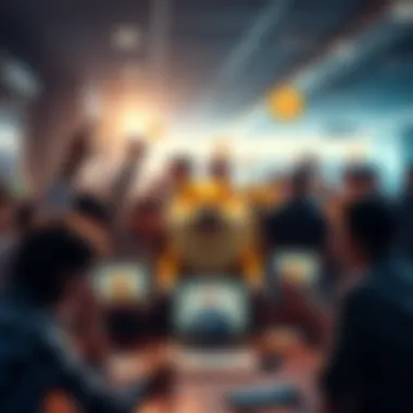 A group of people enthusiastically discussing Dogecoin with memes displayed on laptops and phones around them.