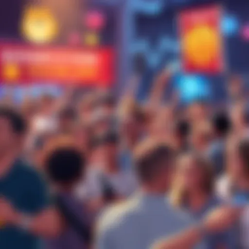 A diverse group of people joyfully sharing stories about Dogecoin, holding their phones and celebrating. The atmosphere is lively and energetic with banners promoting Dogecoin's return to $1.