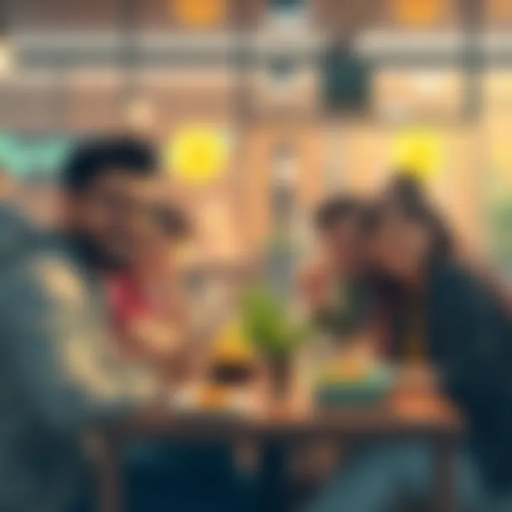 Dogecoin Community Lunch Group of friends enjoying lunch together with Dogecoin logos and a friendly atmosphere