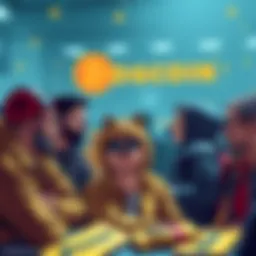 Members of the Dogecoin community gather, discussing their hopes for the cryptocurrency's recovery in 2027, with optimistic expressions and DOGE merchandise around them.