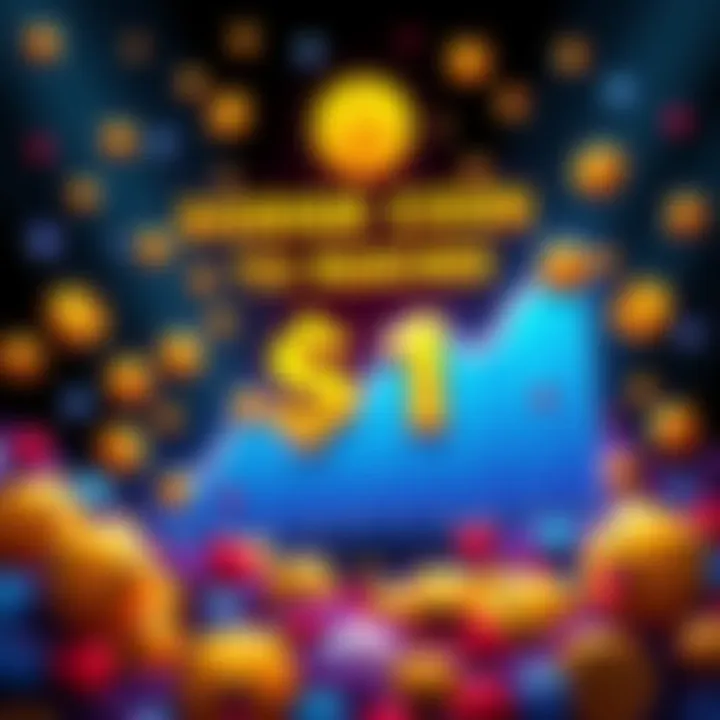 Graphic showing a chart tracking Dogecoin's rise towards one dollar, surrounded by excited icons and emojis.