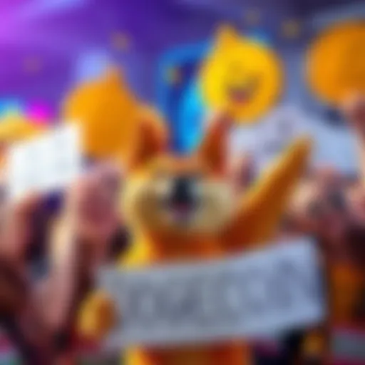 A group of Dogecoin fans smiling and holding Dogecoin signs, showing support for the crypto community. Bright and colorful atmosphere with a Doge mascot in the background.