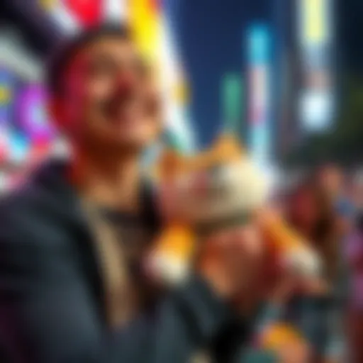 A Dogecoin fan smiling while holding a plush toy of the Doge dog, representing community love and support