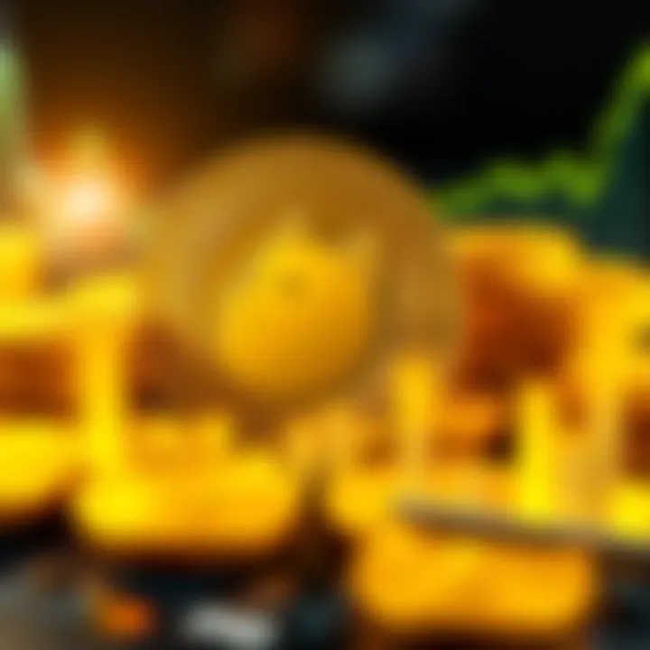 Dogecoin Future Predictions A visual representation of Dogecoin coins and a chart showing potential price growth, focusing on reaching $0.50 by 2027.