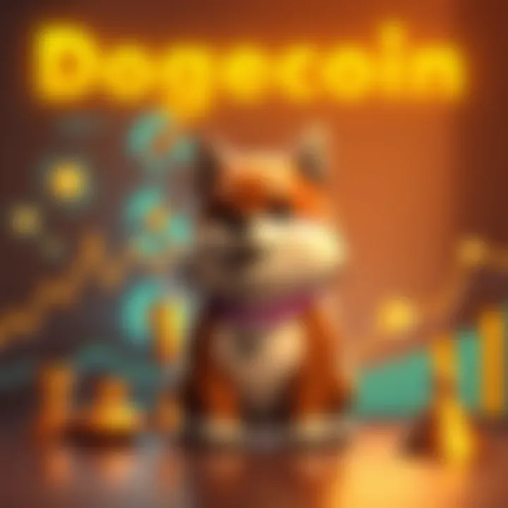 A visual representation of Dogecoin's rise in popularity and market impact in 2025, showing a dog mascot beside trending charts and community engagement symbols.