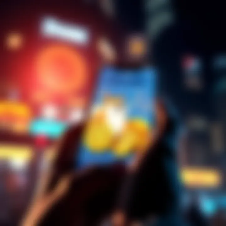 A person holding a smartphone displaying Dogecoin charts and coins, symbolizing cryptocurrency investment.