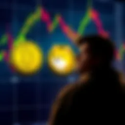 A person contemplating whether to sell or hold Dogecoin, with a graphic of the Dogecoin logo beside fluctuating cryptocurrency charts.