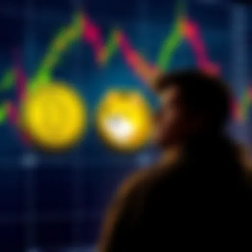 A person contemplating whether to sell or hold Dogecoin, with a graphic of the Dogecoin logo beside fluctuating cryptocurrency charts.