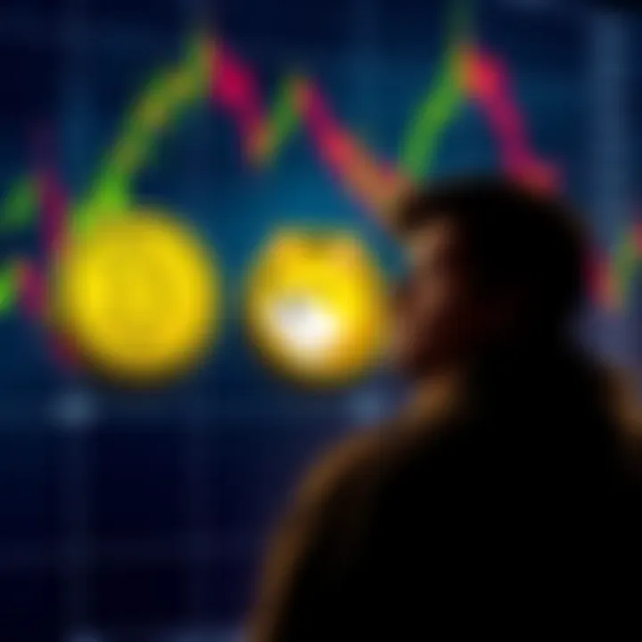 A person contemplating whether to sell or hold Dogecoin, with a graphic of the Dogecoin logo beside fluctuating cryptocurrency charts.