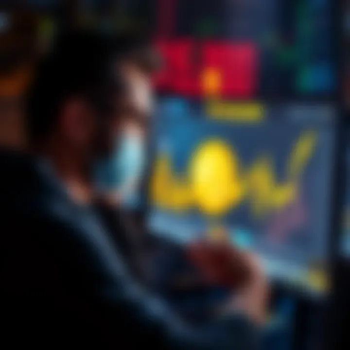 Person looking at a screen with Dogecoin graph and a $15,000 investment note, showing mixed emotions of hope and regret