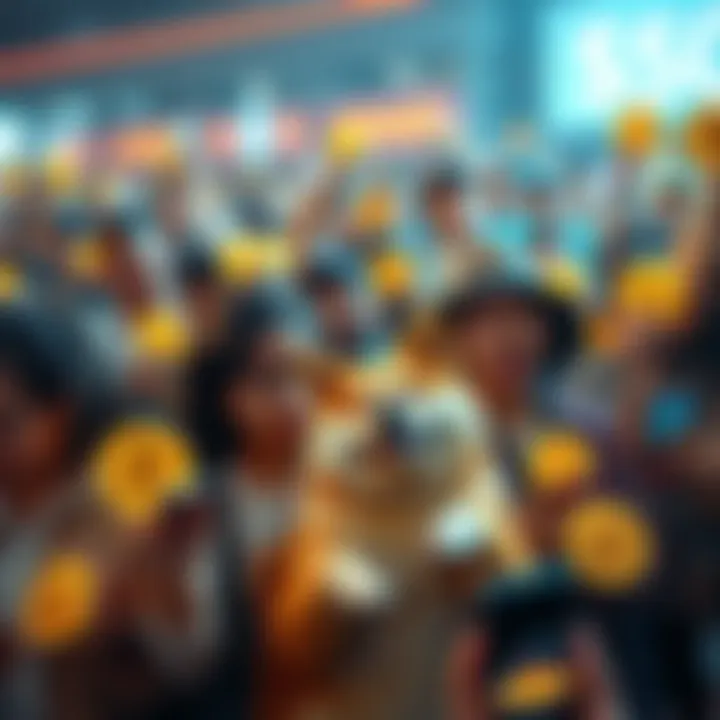 A crowd of diverse people holding Dogecoin coins and exchanging them, each appearing excited about investing $50. Some are checking their phones for market updates.