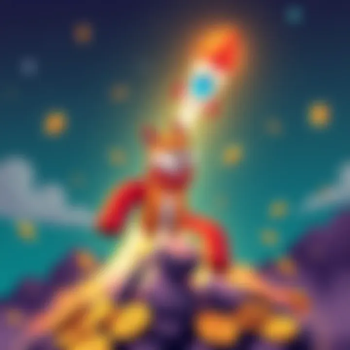 A colorful illustration of a rocket launching with a cartoon dog and Dogecoin coins around it, symbolizing excitement in the Dogecoin community.