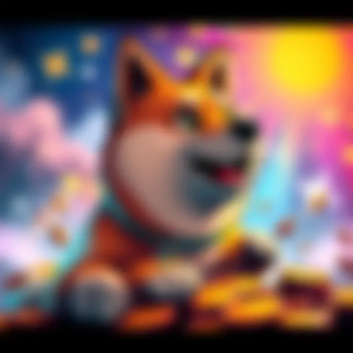 A fun depiction of Dogecoin featuring a cartoon dog with coins and a bright, colorful backdrop representing excitement and investment.