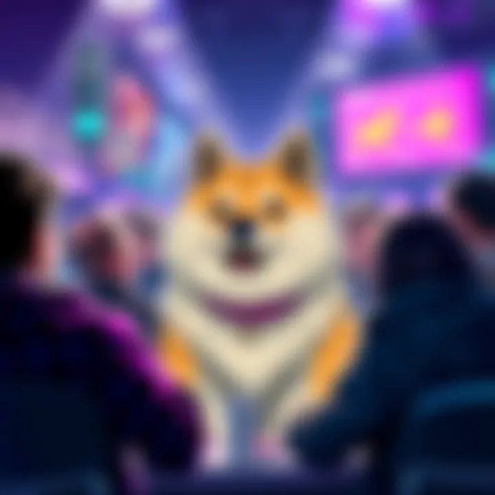 People discussing DogeCoin trends at a crypto forum with excitement and visuals of the Doge mascot