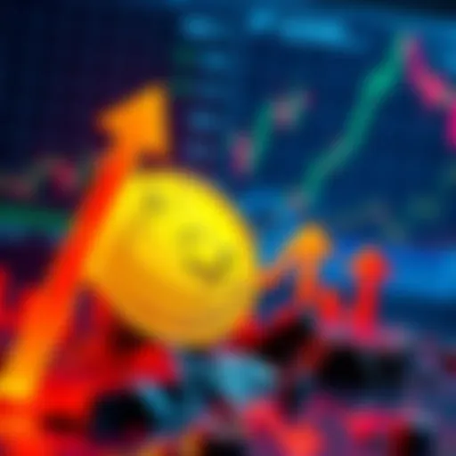 A graphic showing a Dogecoin coin with upward trend arrows and financial charts in the background, symbolizing future predictions.