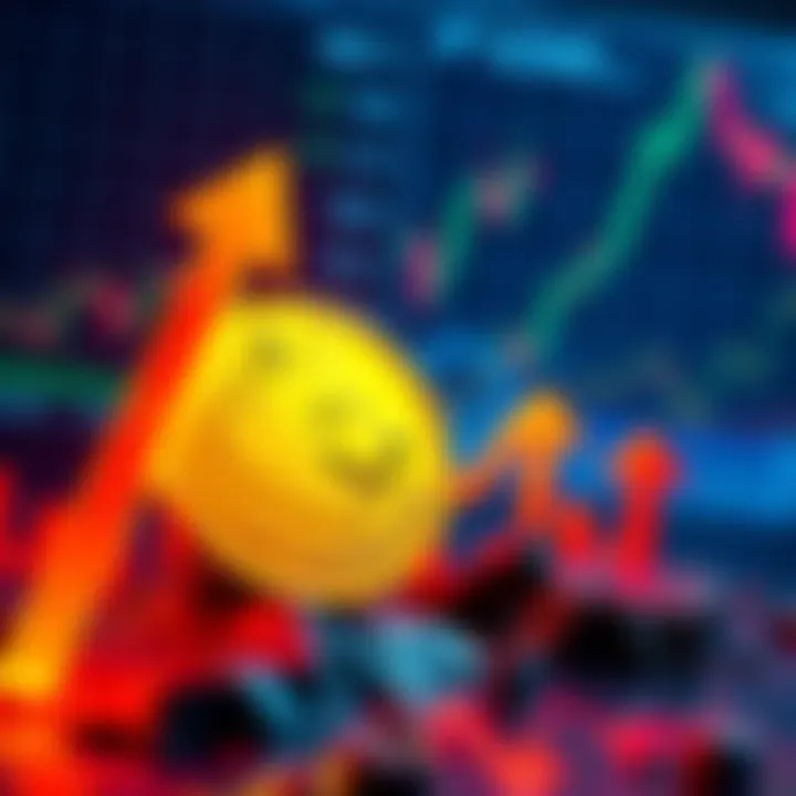 A graphic showing a Dogecoin coin with upward trend arrows and financial charts in the background, symbolizing future predictions.