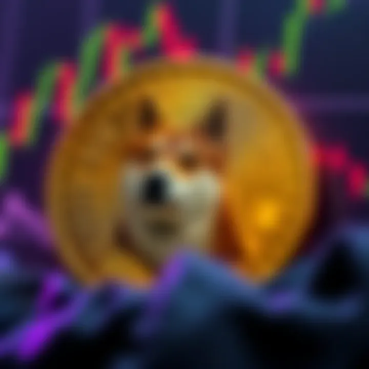 DogeCoin coin graphic with price label showing $0.07, depicting stagnation in cryptocurrency market, background showing fluctuating price chart