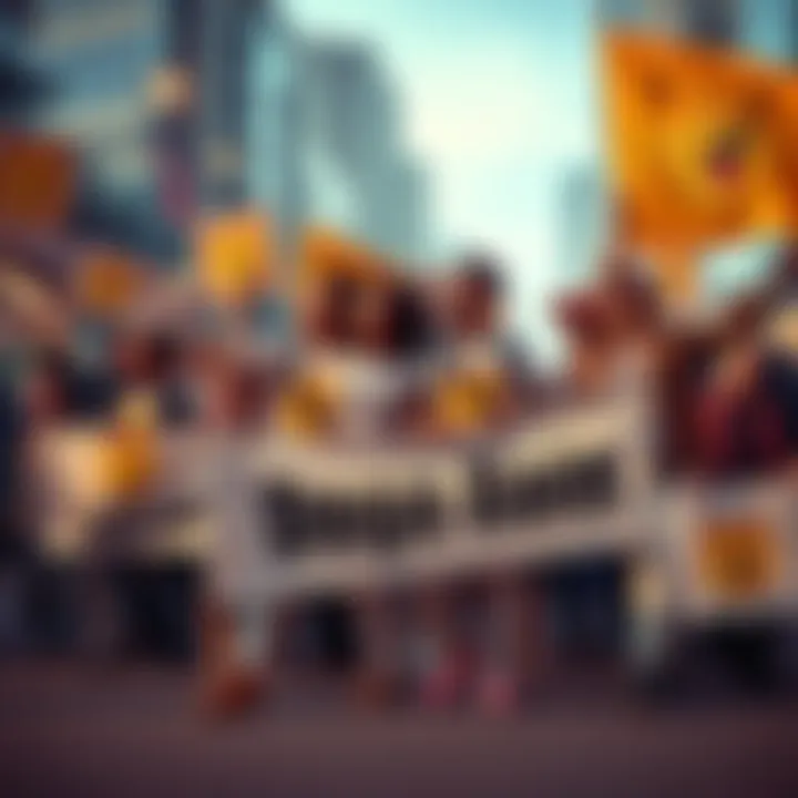 A group of diverse people holding Dogecoin signs and banners, excitedly promoting Dogecoin to reach $1.
