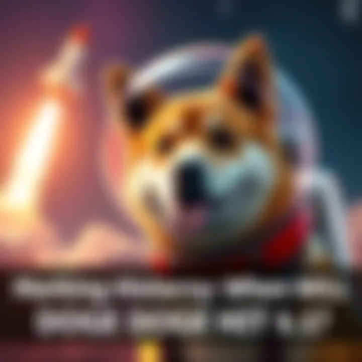 A dog wearing a space helmet, symbolizing Dogecoin, with a rocket in the background representing growth to one dollar