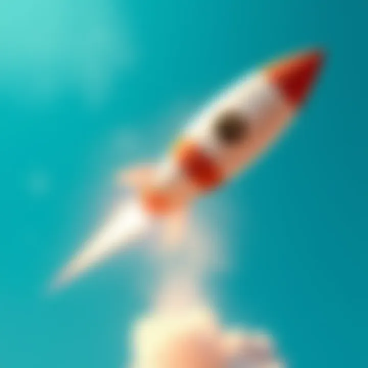 A rocket with a Dogecoin logo soaring into a blue sky, symbolizing potential growth and future highs.
