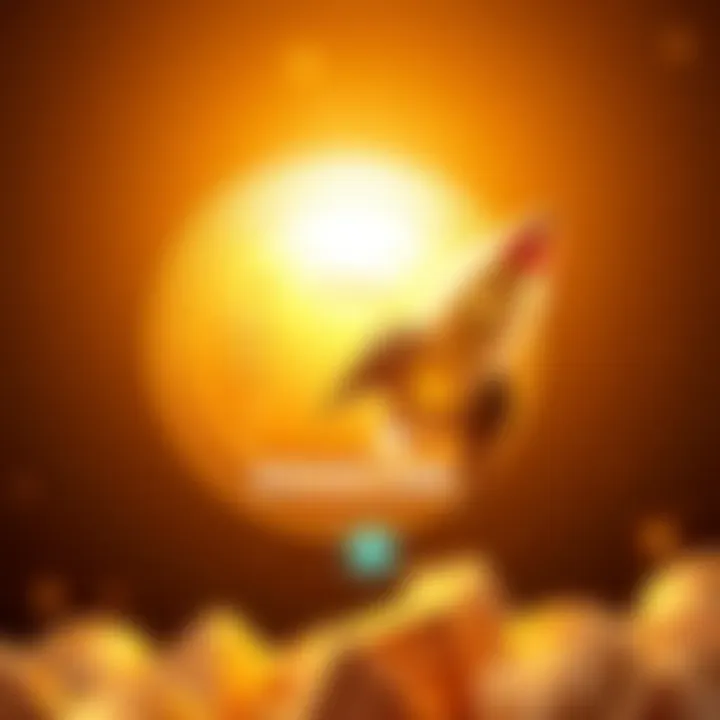 A bright Dogecoin logo with a rocket ship taking off, symbolizing its popularity among crypto fans.