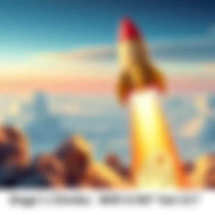 A cartoon rocket with the Dogecoin logo blasting off into the sky, symbolizing the rise of Dogecoin towards $1.