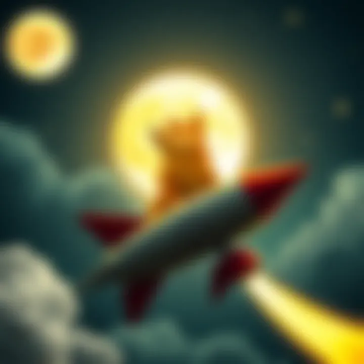 A Dogecoin symbol flying on a rocket with a bright moon in the background, representing the potential rise in value.