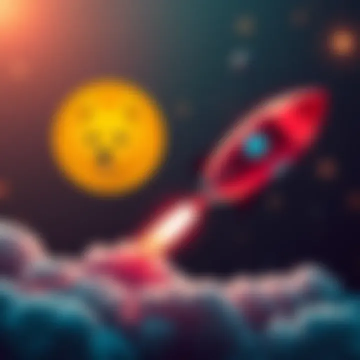 Dogecoin logo launching from a rocket, representing its rise in the cryptocurrency market