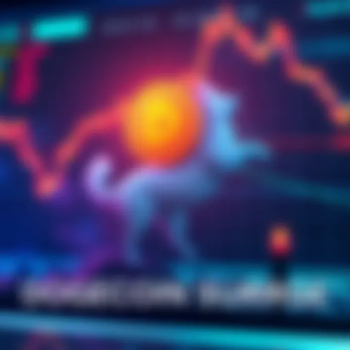 Dogecoin Price Surge A graphic showing Dogecoin's price rising amid a market downturn with a downward trend line in the background.