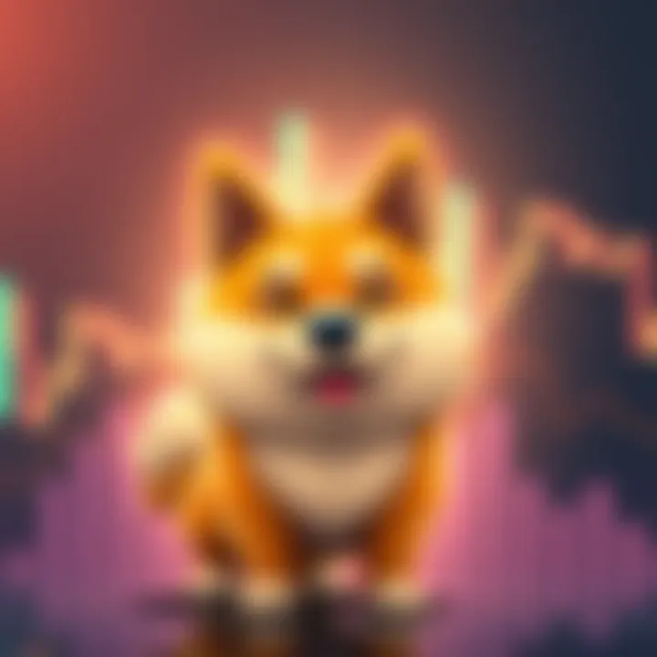 Doge Coin Symbol A cartoon dog representing Doge Coin with a happy expression, set against a fluctuating graph background symbolizing market changes.